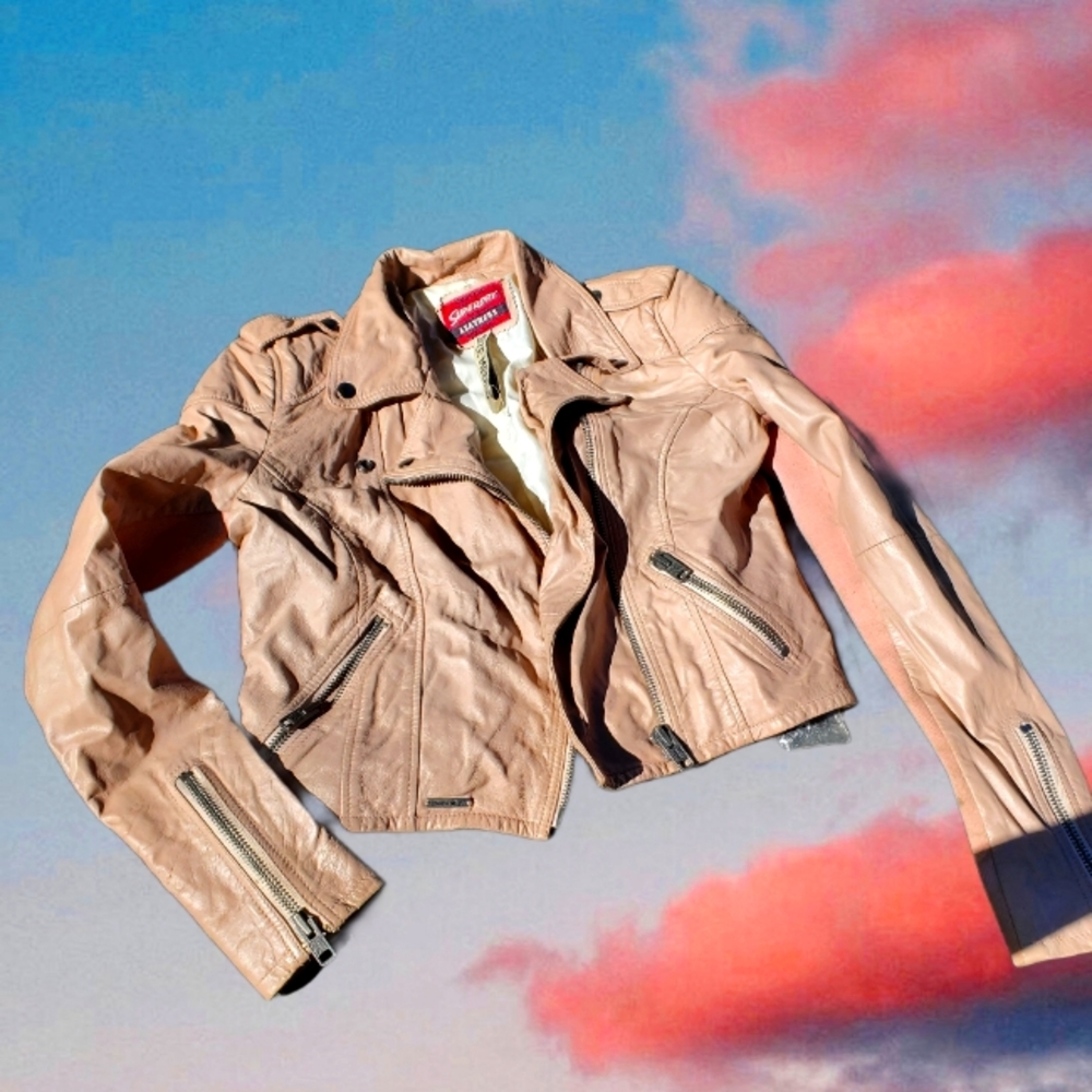 SUPERDRY LEATHERS Leather Motorcycle Jacket Light Pink